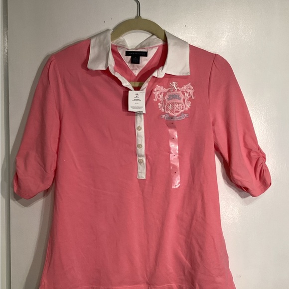Tommy Hilfiger Pink Polo Shirt Crest Ruched 3/4 sleeves med - Picture 1 of 3